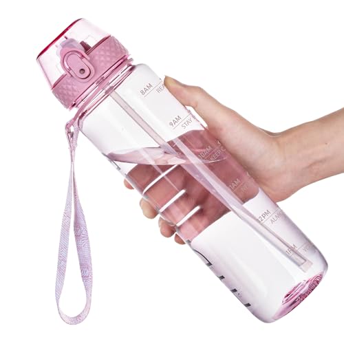 GOPPUS 32oz Clear Water Bottle with Straw & Time Marker, BPA-Free Tritan Leakproof Sports Water Bottle, Wide Mouth for Gym, Travel, Hiking, School & Office - color: Cherry Blossom Pink