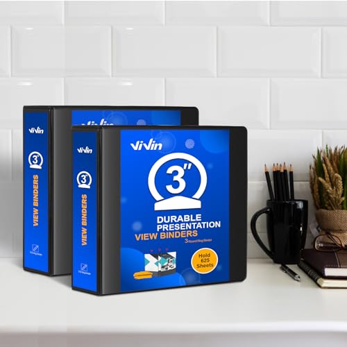 ViVin 3 Ring Binder 3 inch with Clear View Cover, Large 3" Round Ring for Strength, Holds 600 Sheets of US Letter Size Paper, Office Home School, 2 Pack (Black) - color: Black, size: 3 Inch, style: 2 Pack