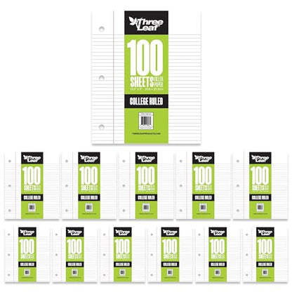 THREE LEAF 100 SHEETS COLLEGE RULED FILLER PAPER, PACK OF 12, LOOSE-LEAF SHEETS FOR SCHOOL AND OFFICE 100 CT. FILLER PAPER, NOTEBOOK PAPER - color: College Ruled, size: Pack of 12