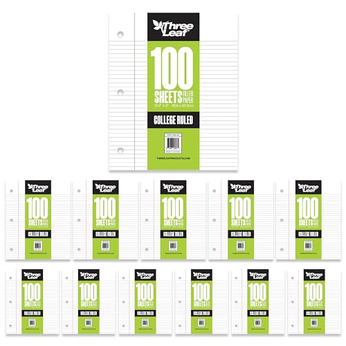 THREE LEAF 100 SHEETS COLLEGE RULED FILLER PAPER, PACK OF 12, LOOSE-LEAF SHEETS FOR SCHOOL AND OFFICE 100 CT. FILLER PAPER, NOTEBOOK PAPER - color: College Ruled, size: Pack of 12