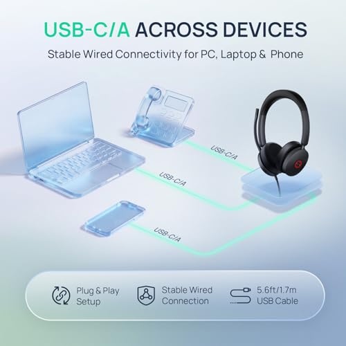 Yealink UH48 ANC Wired USB-C/A Headset,6 AI Noise-Canceling Microphones | Teams/Zoom Certified, Dual-ear Headphones, Call Center,Home,Plug & Play for Laptop/Phone/Computer,Dynamic EQ, 360° Busylight