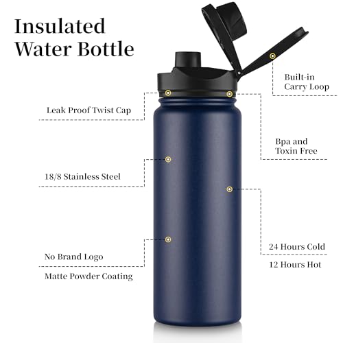 24 oz Insulated Water Bottle with Straw Lid & Wide Mouth Lids, Stainless Steel Sports Water Bottles, Double Walled Vacuum, Leak Proof, Blue Black Gradient - color: Navy Blue, size: 24 Ounces