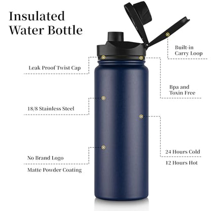 24 oz Insulated Water Bottle with Straw Lid & Wide Mouth Lids, Stainless Steel Sports Water Bottles, Double Walled Vacuum, Leak Proof, Blue Black Gradient - color: Navy Blue, size: 24 Ounces