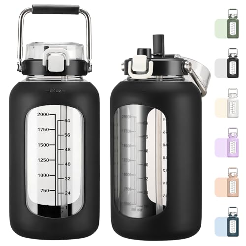 MUKOKO 84oz Glass Water Bottle with Time Marker and Silicone Sleeve 2.5L Water Jug with Stainless Steel Handle Gallon Drinking Bottle with 2-in-1 Lid Wide Mouth BPA Free, Black - color: Black, size: 84 Ounces