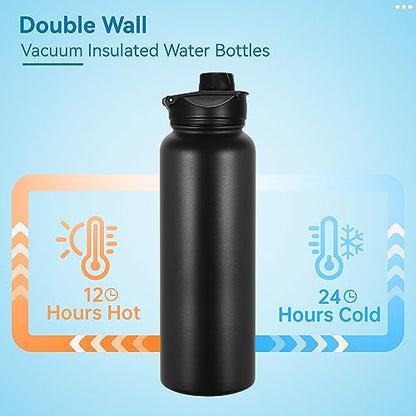 VEGOND 40 oz Insulated Water Bottle Stainless Steel Metal Water Bottles with Leak Proof Straw Lid & Spout Lid, Wide Mouth Double Walled Vacuum Travel Sports Bottle, Black - color: Black, size: 40 Ounces