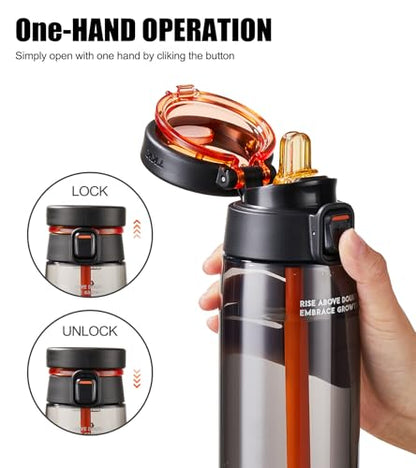 TKK Sports Water Bottle with Straw & Build-in Carrying Handle, Spill-Proof 2-in 1 Lid, 20 oz Plastic Bottles, Dishwasher Safe, Leak-Proof Locking Lid for Kids, Outdoor, School Backpack, Black - color: Black