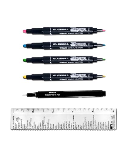 G.T. Luscombe Company, Inc. Zebrite Bible Marking Kit | No Bleed Pigmented Ink | No Fading or Smearing | Double Ended Highlighters, Note Pen & Books of the Bible Ruler/Bookmark (Set of 5 + Ruler)