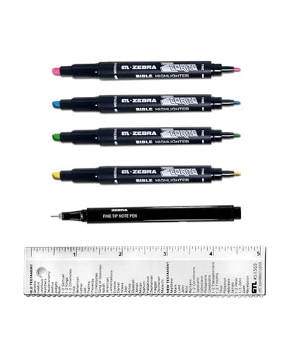 G.T. Luscombe Company, Inc. Zebrite Bible Marking Kit | No Bleed Pigmented Ink | No Fading or Smearing | Double Ended Highlighters, Note Pen & Books of the Bible Ruler/Bookmark (Set of 5 + Ruler)