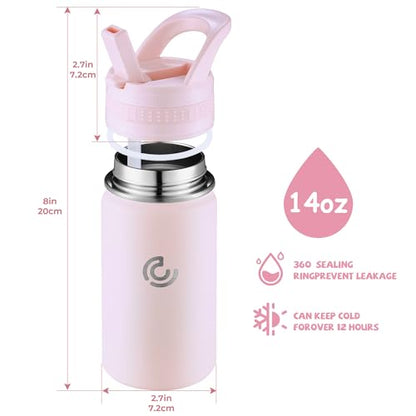 14 Oz Kids Water Bottle, Stainless Steel Water Bottle with Straws, Leak-Proof, BPA-Free, Insulated Water Bottles for School Boys & Girls|Pink - color: Pink
