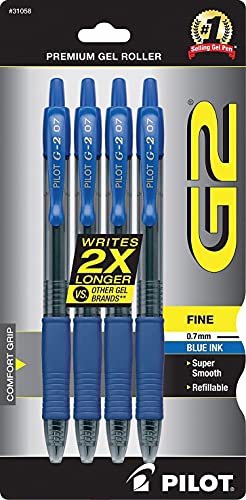 Pilot G2 Premium Gel Roller Pens, Fine Point 0.7 mm, Blue Ink Pens Fine Point, Pack of 4 - Ideal for School, Journaling, and Office Writing - color: Blue