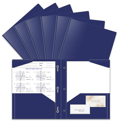 Briartw 6-Pack Navy Blue Heavy Duty Plastic Pocket Folders with Prongs, 3-Ring Letter Size, 2 Pockets & 2 Card Slots for Professional Office, Business, College - color: Navy Blue