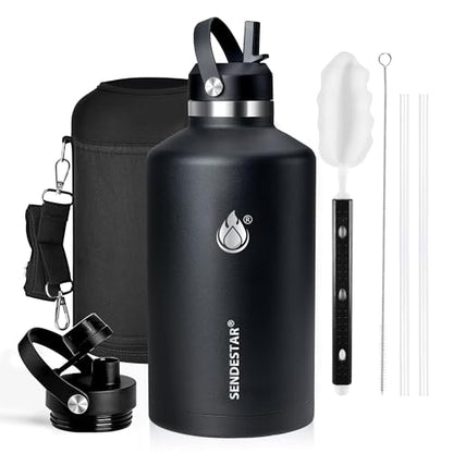 One Gallon Insulated Water Bottle, Triple Wall Vacuum 128 oz Stainless Steel Water Bottles (Cold for 48 Hrs), Leak Proof, Non-BPA, Large Water Flask Jug with Straw Lid & Spout Lid - color: Black-Y, size: 128 Ounces