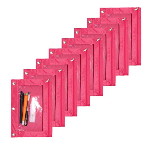 Zippered Pen Pencil Binder Pouch | 3 Rings with Clear Window for School Classroom Organizers 8 Pcs (rose red) - color: Rose Red