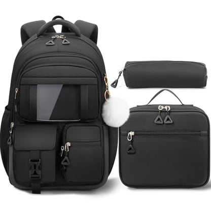 Fimibuke Kids Backpack for School Girls, 3Pcs Waterproof Girls Backpack with Lunch Box & Pencil Pouch - Lightweight Bookbag for Elementary Middle School Student Teens Ages 6+ black - color: A4.Black