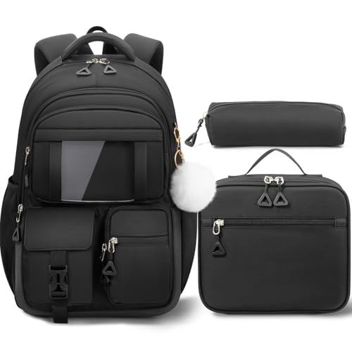 Fimibuke Kids Backpack for School Girls, 3Pcs Waterproof Girls Backpack with Lunch Box & Pencil Pouch - Lightweight Bookbag for Elementary Middle School Student Teens Ages 6+ black - color: A4.Black