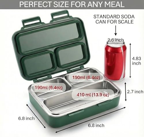 Stainless Steel Bento Box with Vacuum-Seal Valve (Leak-Proof) – 3-Compartment Medium Lunch Container (8.8" x 6.9") – Easy-Open Air Vent, Removable Tray & Spoon (Green)