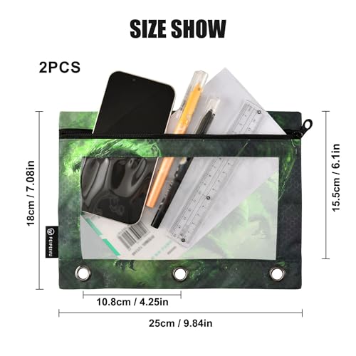 Demon Dragon Binder Pouches 3 Ring for Boys Girls School Office College Supplies Green Fire Dinosaur Pencil Pouches Case Bag with Clear Window and Zipper 2 Pack - color: Dinosaur