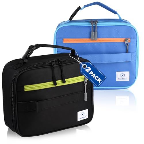 Genteen Kids Insulated Lunch Box for Boys Girls,2 Packs,Back to School | Thermal Meal Tote Kit,Soft Reusable Lunch Bag,Leakproof,Double Zipper,for Work Outdoor,Black & Blue - color: B-2pk Blue+Black