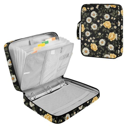 ALAZA Daisies Floral Yellow Roses Zipper Binder with Handle, 7-Pocket Expanding File Folder, Detachable 3-Ring Binder, File Organizer for Home Office Work A4 Letter Size Paper Document