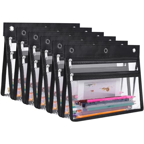 YoeeJob 6 Pack Zipper Pencil Pouches for 3 Ring Binder, 1.5 Inch Expandable with 2 Pockets and Clear Window for School and Office (Black) - color: Black, size: 6 Packs