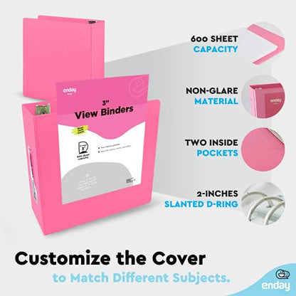 3 Inch Binder (2 Pack) Pink 3 Ring Binder 3 inch, Clear View Cover with 2 Inside Pockets, Three Ring Binders for Home, Office and School Supplies - Enday - color: 2 Pink, size: 3-Inch