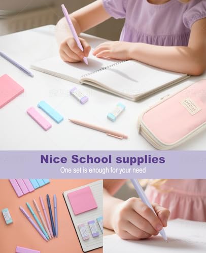 Aesthetic School Supplies with Cute Pencil Case, 12x Pastel Mechanical Pencils 0.5 & 0.7mm with 720x HB Leads, 4x Erasers and 1x Sticky Note, Suitable for Writing, Drafting Drawing Sketching(purple) - color: Purple