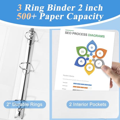 CIXILDTS 2 Inch D Ring Binders, 3 Ring Binder Fit US Letter Size Paper, 2" Slant D Ring View Binder with 2 Pocekts, 6-Pack, White - color: White, size: 2", style: 6-Pack