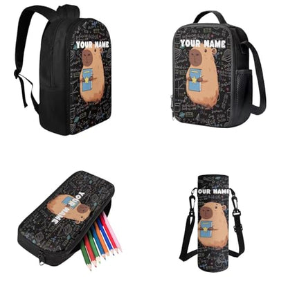 Personalized Pencil Case Capybara Backpacks for Boys Lunch Box Custom Name Bookbag and Water Bottle Holder 4 PCS Set, 3rd Grade Boys Backpack Accessories Sets for Kids Back to School - color: Cool Capybara-custom