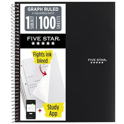 Five Star Spiral Notebook + Study App, 1 Subject, Graph Ruled Paper, 8-1/2" x 11", 100 Sheets, Fights Ink Bleed, Water Resistant Cover, Black (73679) - color: Black, size: Pack of 1