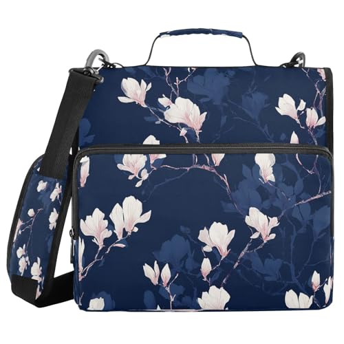 Gredecor 3 D-Ring Zipper Binder 1.5 in Waterproof Magnolia White Flowers on Navy Blue Binder with Zipper Shoulder Strap, Multi-Pockets Organizer Bag for School & Office Supplies - color: Magnolia White Flowers on Navy Blue