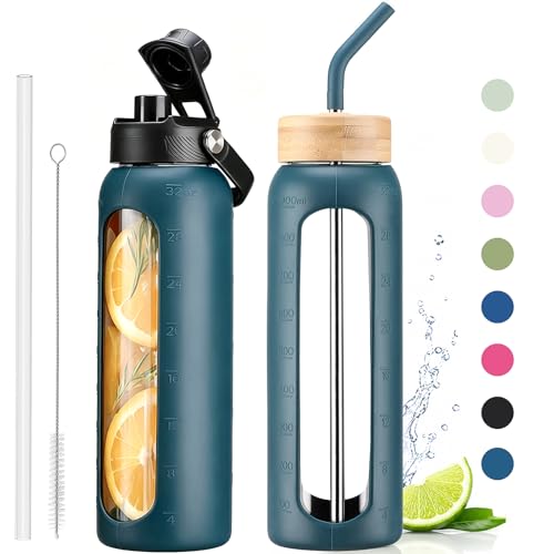 32 oz Glass Water Bottle with Straw – 2 Lids (Bamboo & Spout Lid), 1L Motivational Borosilicate Glass Daily Water Intake Bottle with Time Marker, Silicone Sleeve for Home Office-Navy Blue - color: Navy Blue, size: 32 Ounces