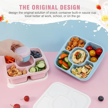 Original Lunchable Snack Containers - 5 Compartments Bento Snack Boxes with 1 Leakproof Small Containers, Wheat Straw, BPA-Free, Set of 2 (Bule+Pink) - color: Bule+Pink