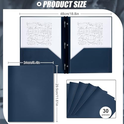 Yeaqee 30 Pcs Plastic Folders with Pockets and Prongs Plastic Folder 2 Pockets 3 Prongs with Card Slot for Office, School for Students, Teachers, Office Workers (Navy Blue) - color: Navy Blue