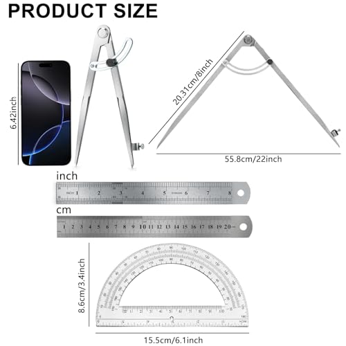 Compass Geometry Tool, Drawing Compass, Professional 8 Inch Large Compass with Wing for Woodworking, 6 Inch Protractor, 8 Inch Ruler for Carpenter, Drafting - size: 8 inches
