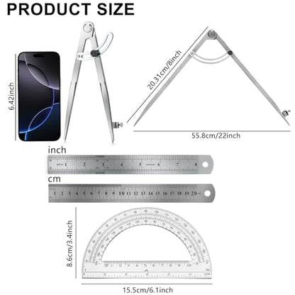 Compass Geometry Tool, Drawing Compass, Professional 8 Inch Large Compass with Wing for Woodworking, 6 Inch Protractor, 8 Inch Ruler for Carpenter, Drafting - size: 8 inches