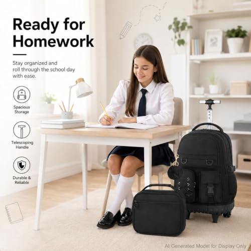 KLFVB Rolling School Backpack for Girls, 3PCS Roller Bookbag with Lunch Bag for Kids, Wheeled Bag for Teen - Black Ribbon Bow - color: Black Ribbon Bow Rolling Backpack