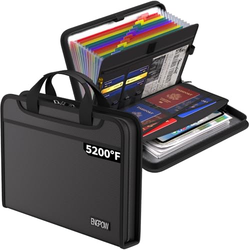 ENGPOW Accordion File Organizer, Fireproof 5200°F Expanding File Folder with 13 Pockets Document Organizer with Handle & Labels, Portable Home Office Travel Safe Storage for Letter A4 Files, Black - color: Black, style: 13 Pockets,Aluminum foil