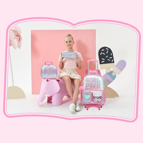 Meetbelify Rolling Backpack for Girls Backpack with Wheels for Elementary Student Kids School Bag with Lunch Box Pencil Case for Girls Ages 6-8 Years Old - color: Prw Pink