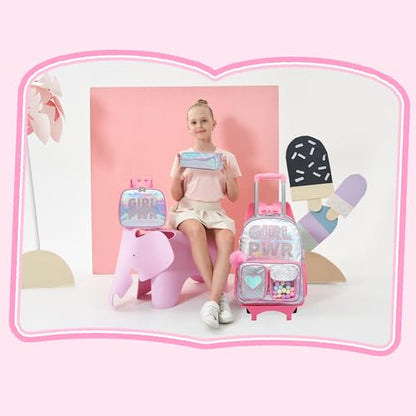 Meetbelify Rolling Backpack for Girls Backpack with Wheels for Elementary Student Kids School Bag with Lunch Box Pencil Case for Girls Ages 6-8 Years Old - color: Prw Pink