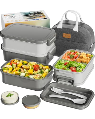 Adults Bento Box with Insulated Lunch Bag, 74oz Capacity 3 Stackable Leak-Proof Bento Box Built-In Utensil and Sauce, PFAS & BPA-Free, Microwave & Dishwasher Safe (Dusk Gray) - color: Dusk Gray