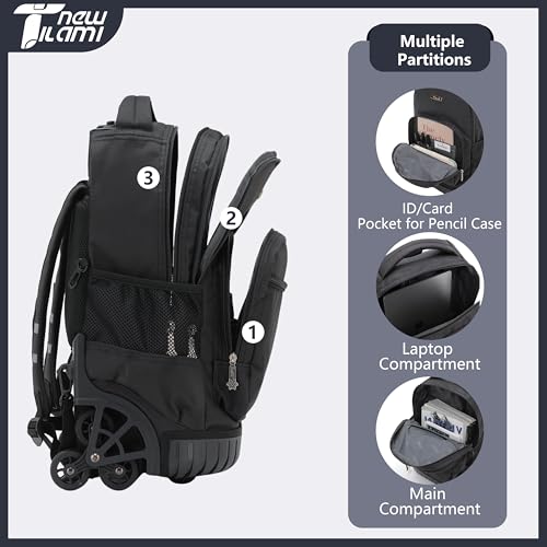 NEW TILAMI 18-Inch 6-Wheel Rolling Backpack for Kids, Black | Height-Adjustable Trolley Handle Padded Back Panel Adjustable Shoulder Straps Multiple Compartments - color: Black
