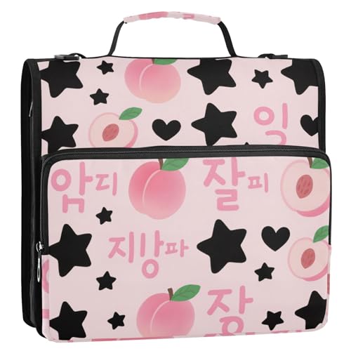 Korean-Style Pink Peaches 3 Rings 1.5 inch Binder with Zipper with Handle and Removable Shoulder Strap Easy to Carry Document Binder Organizer Suitable for Middle School Clip de cremallera escolar