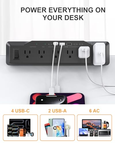 Desk Clamp Power Strip Surge Protector, 6 Outlets, Flat Plug, 1800J, 4 USB-C Ports (Any Port 35W), for Home & Office, Flame-Retardant PC-ABS Housing, Fits 1.96" Desk Edge, Black