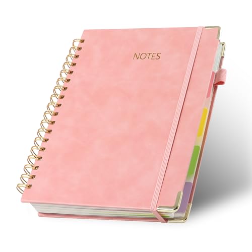 JUNART B5 Hardcover Spiral Notebook Journal with 5 Removable Subject Divider Tabs, 9"x10" Large 300 Pages College Ruled Notebook,180° Flat Lay,100 GSM Thick Paper for Office, Home & School(pink) - color: pink
