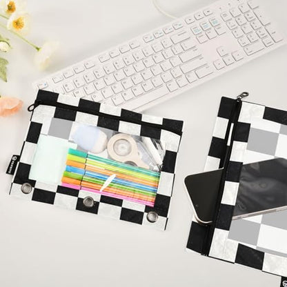 Fustylead Black and White Checkered 2 Pack Pencil Pouches for 3 Ring Binder, Big Capacity Binder Pencil Bag with Clear Window for School Office Cosmetic Supplies - color: Black and White Checkered