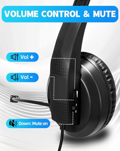 Wired Headset with Mic for Laptop – Computer Headset for Kids Teens Adults with Noise Canceling Microphone & Volume Control – 3.5mm Stereo Headphones with Mute for Home Office Class