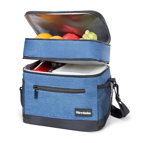 Tirrinia Large Insulated Lunch Bag for Men and Women, Adult Double-Layer Leakproof Reusable Grocery Bag, Office, Travel, Work Lunch Cooler Tote - color: Dark Blue, size: Large - 17L