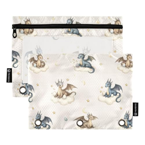 Gredecor Binder Pencil Pouch 3 Ring Dragon Baby Watercolor Zipper Pencil Pouches Case 2 Pack Clear Binder Organizer for School Office - color: Dragon Baby Watercolor