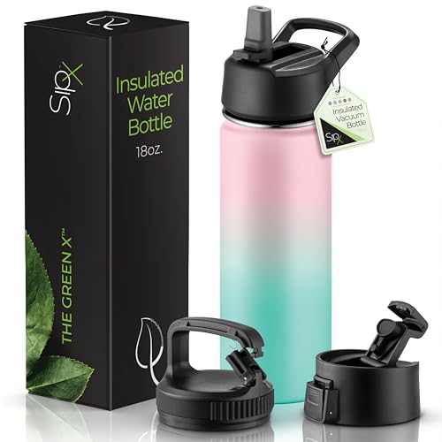 SipX™ 18 oz Insulated Water Bottle with 3 Lids – Leakproof Stainless Steel, Triple Insulated – Cold 24 Hours/Hot 12 Hours – Durable Bottle for School, Gym, Travel – Gradient Mint Pink - color: Gradiant Mint Pink, size: 18 Ounces