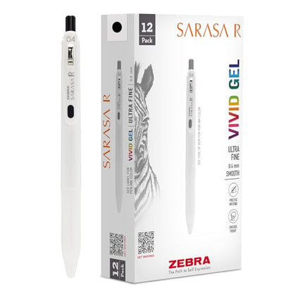 Zebra Pen, SARASA R Gel Pens, Black Ink, 0.4mm Fine Point, Vivid Ink to Create Deep, Saturated Color and Smooth Gel Lines, Quick-Drying for Smear-Free Writing, Made in Japan, 12-Pack (47710) - color: Black
